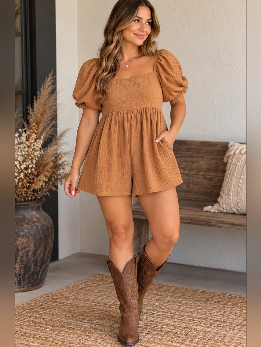 &MERCI NWT Gauze Puff Sleeve Romper Camel Brown Oversized Small